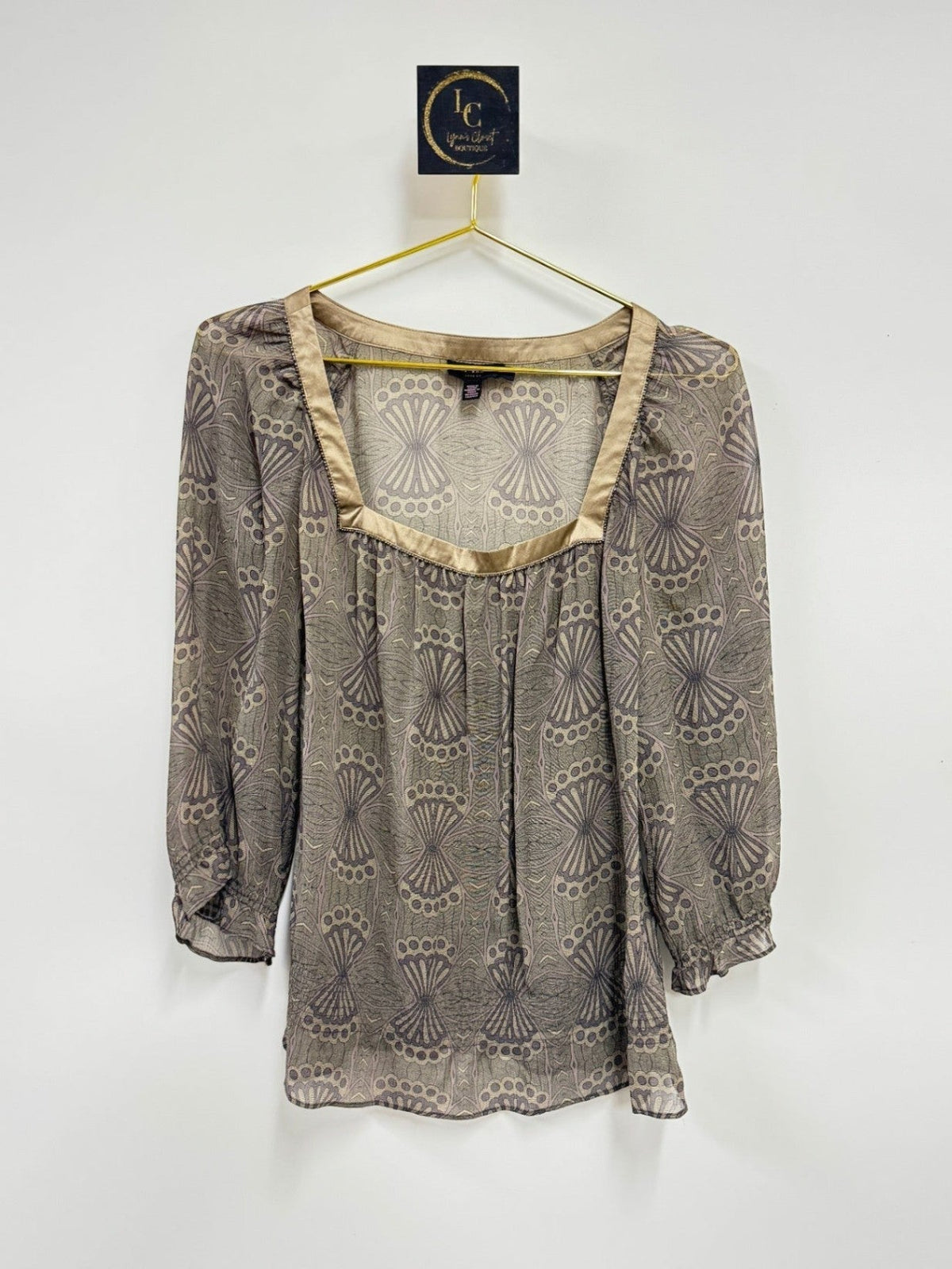 Lynn's Closet Boutique Ted Baker silk top with geometric fan print, square neckline, and satin trim in muted tones.