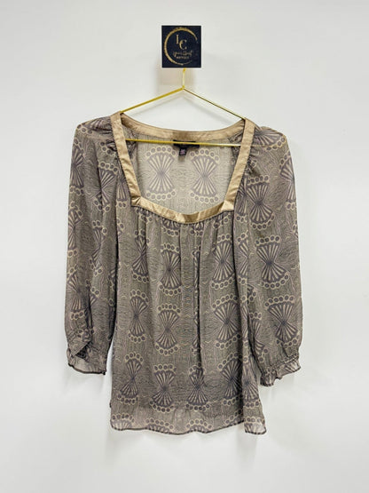 Lynn's Closet Boutique Ted Baker silk top with geometric fan print, square neckline, and satin trim in muted tones.