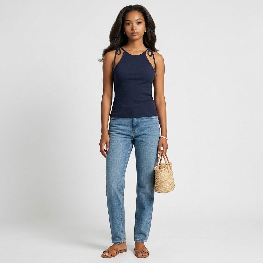 Model wearing Lynn's Closet Boutique Theory Hartmann navy ribbed sleeveless top with tie-shoulder straps and blue jeans