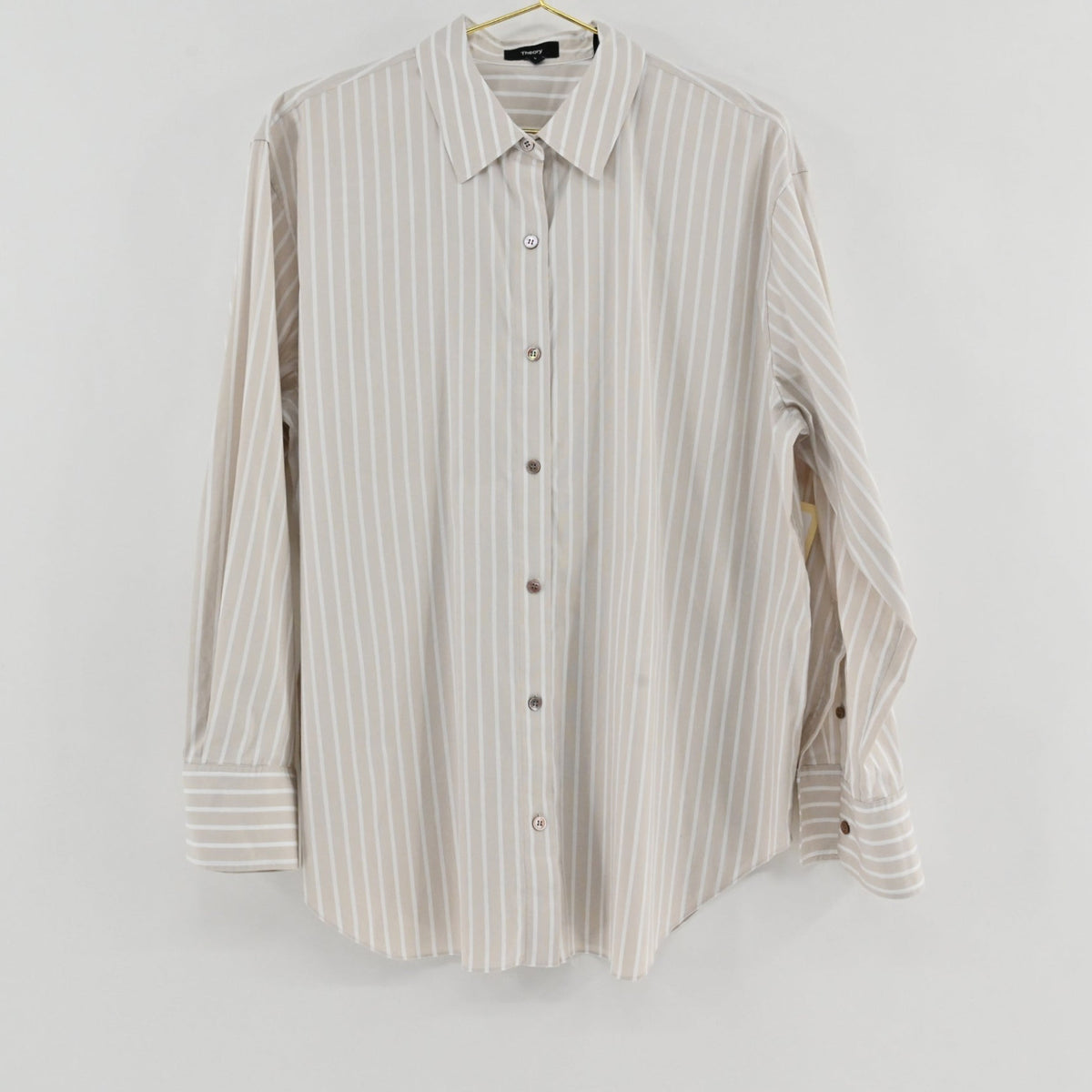 Lynn's Closet Boutique Theory tan and white striped button-down shirt with long sleeves and a classic collar