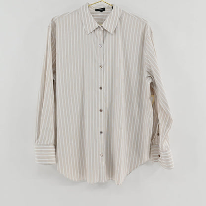 Lynn's Closet Boutique Theory tan and white striped button-down shirt with long sleeves and a classic collar