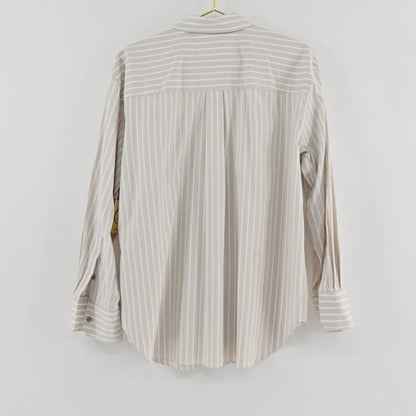 Back view of a Theory tan and white striped long-sleeve button-down shirt from Lynn's Closet Boutique.