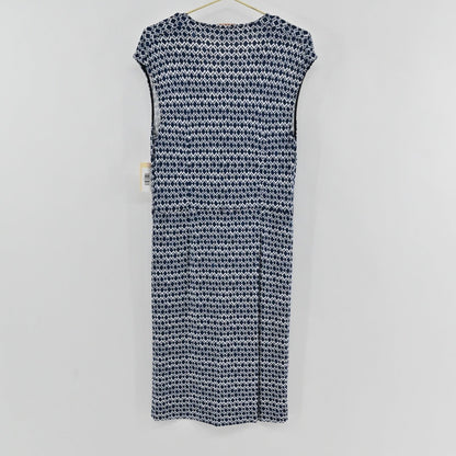 Lynn's Closet Boutique Tory Burch navy and white diamond print sleeveless dress with a V-neckline, back view.