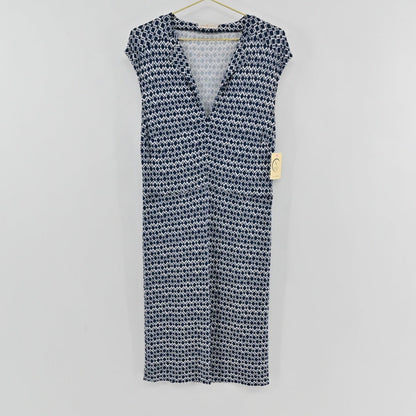 Lynn's Closet Boutique Tory Burch navy and white diamond print V-neck dress with cap sleeves hanging on a hanger.