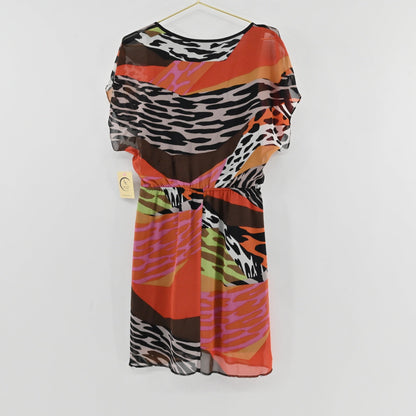 Lynn's Closet Boutique Trina Turk multi-colored animal print dress with a V-neck and elasticized waist, back view.