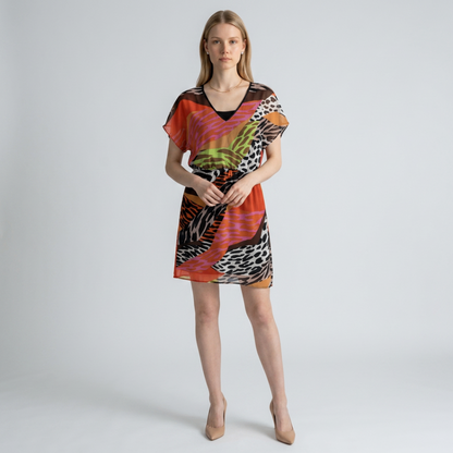 Lynn's Closet Boutique Trina Turk multi-colored animal print V-neck dress with flutter sleeves and elasticized waist.