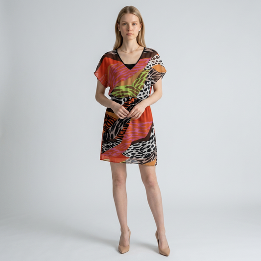 Lynn's Closet Boutique Trina Turk multi-colored animal print V-neck dress with flutter sleeves and elasticized waist.