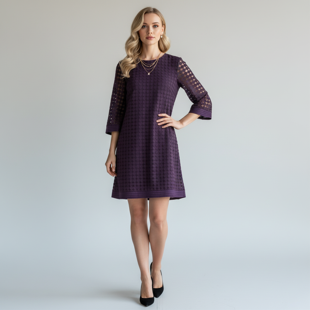 Lynn's Closet Boutique Trina Turk purple mini dress with geometric circle overlay, three-quarter sleeves, and shift fit