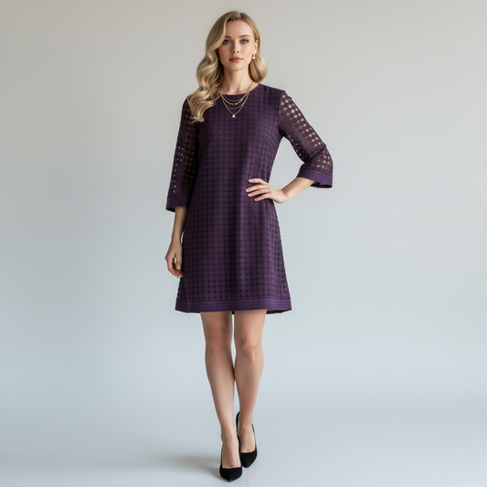 Lynn's Closet Boutique Trina Turk purple mini dress with geometric circle overlay, three-quarter sleeves, and shift fit