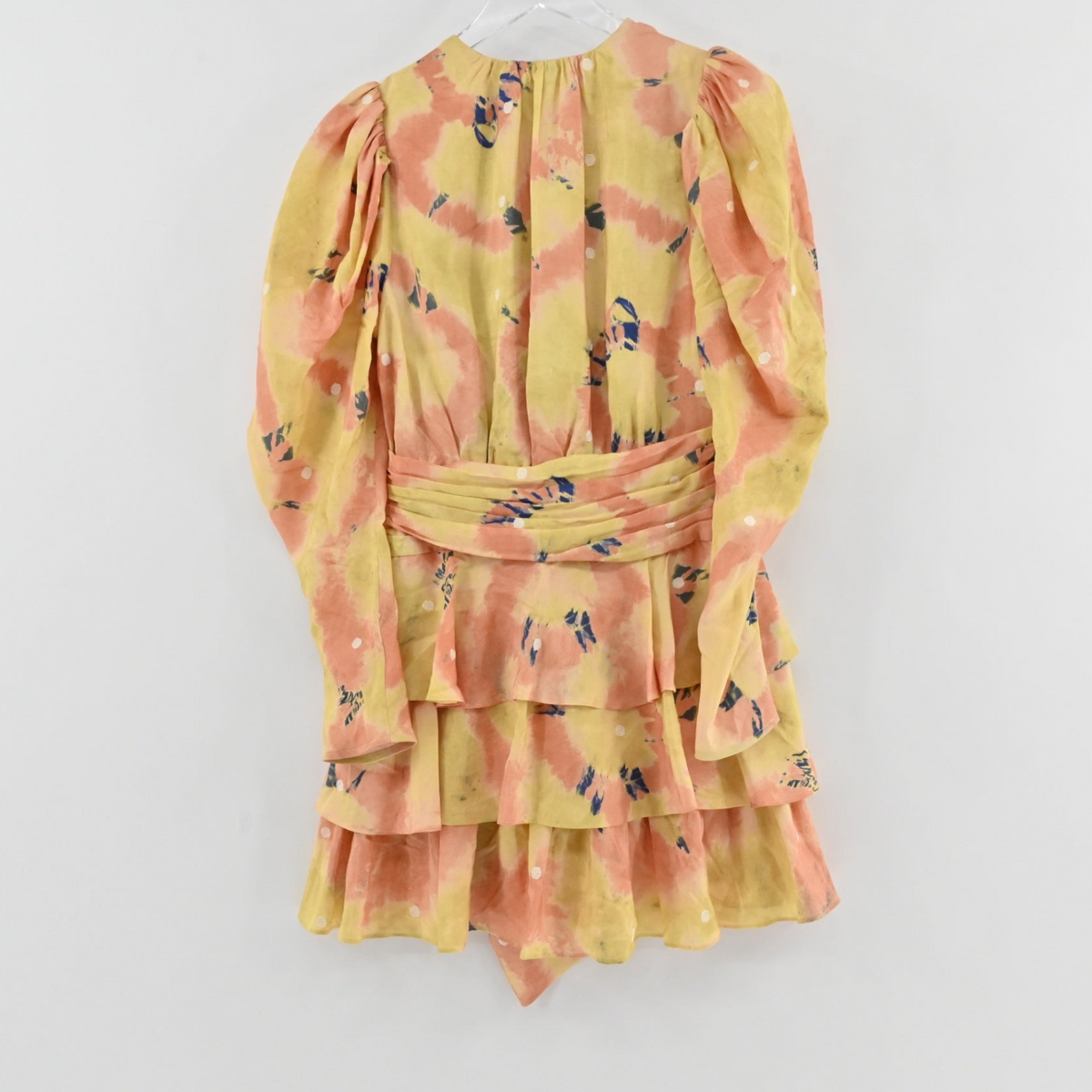 Lynn's Closet Boutique Ulla Johnson yellow and coral floral print mini dress with tiered ruffles and long sleeves