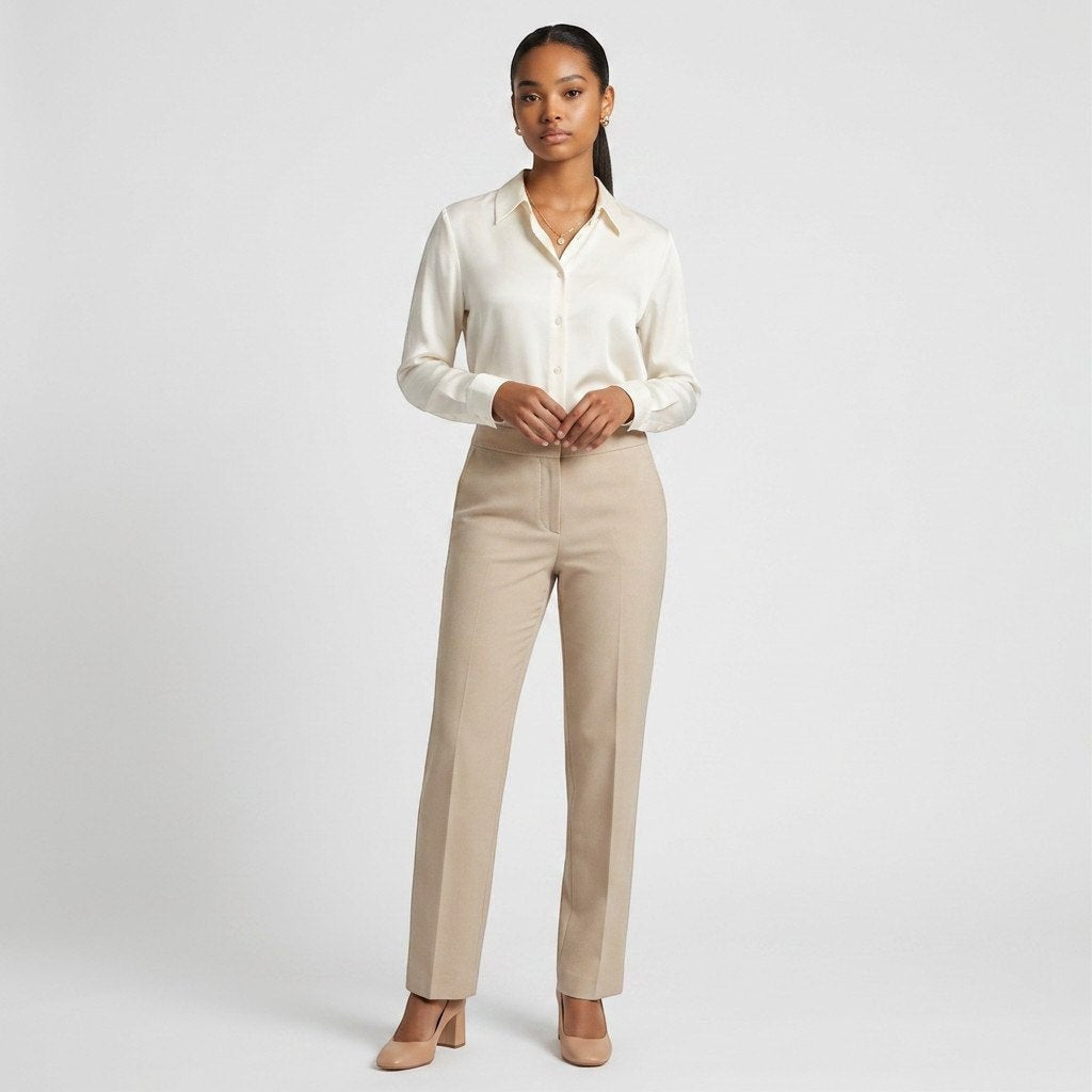 Model wearing Lynn's Closet Boutique vintage Valentino Roma ivory straight-leg trousers with a silk blouse.