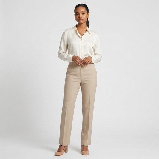 Model wearing Lynn's Closet Boutique vintage Valentino Roma ivory straight-leg trousers with a silk blouse.