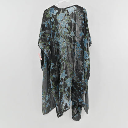 Lynn's Closet Boutique velvet burnout floral shawl in black with blue flowers and scalloped lace trim, hanging view.