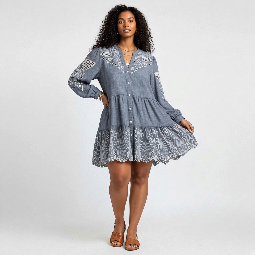 Model wearing a Lynn's Closet Boutique Veronica Beard blue chambray dress with white eyelet embroidery and tiered hem