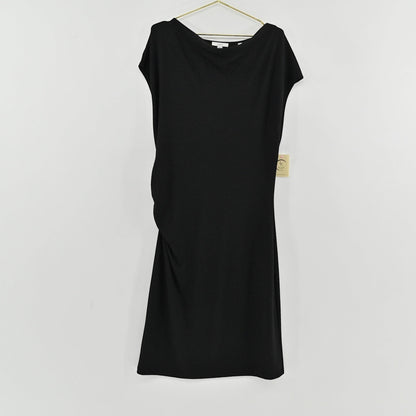 Lynn's Closet Boutique Vince black cowl neck dress with cap sleeves and side ruching hanging on a gold hanger