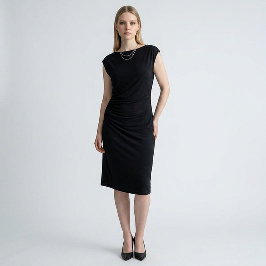 Model wearing a Lynn's Closet Boutique black Vince cowl neck dress with side ruching and cap sleeves