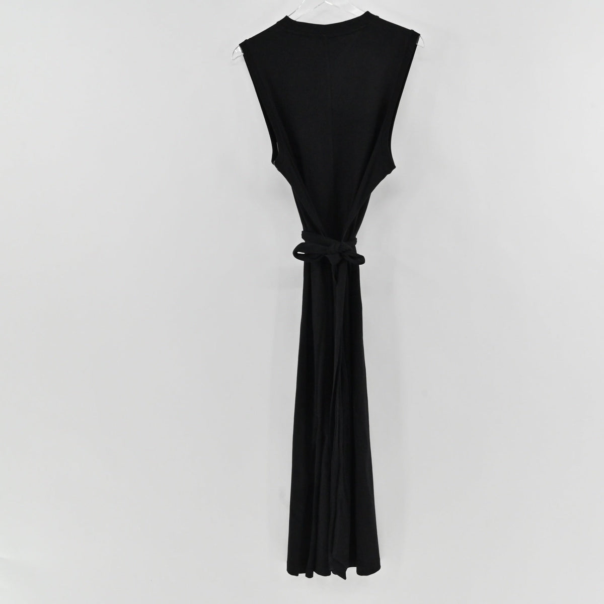 Lynn's Closet Boutique black Vince sleeveless midi dress with a tied sash waist hanging against a white background.