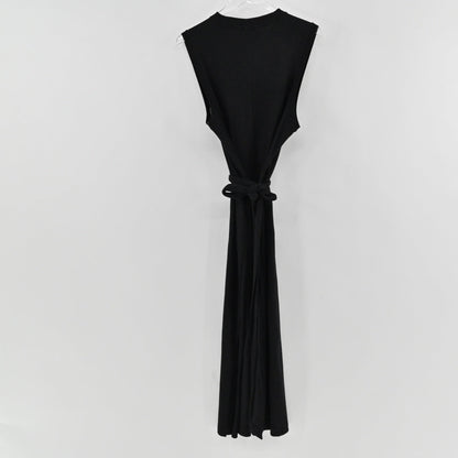 Lynn's Closet Boutique black Vince sleeveless midi dress with a tied sash waist hanging against a white background.
