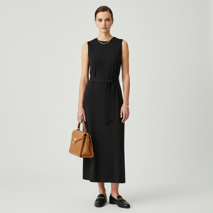 Model wearing a black sleeveless Vince midi dress with a tied sash waist from Lynn's Closet Boutique