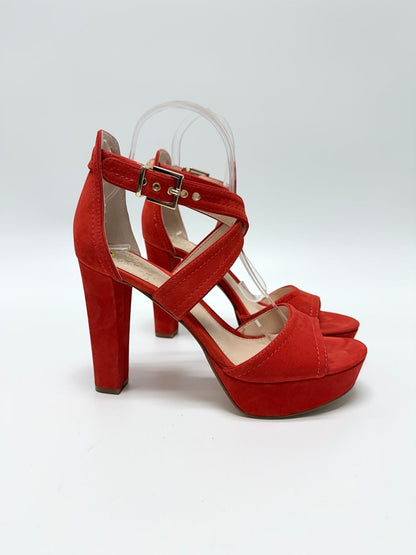 Lynn's Closet Boutique Vince Camuto red suede block heel sandals with ankle strap and gold buckle, size 7.5.
