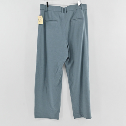 Lynn's Closet Boutique Vince blue-grey wide-leg trousers with back welt pockets and belt loops, hanging view.