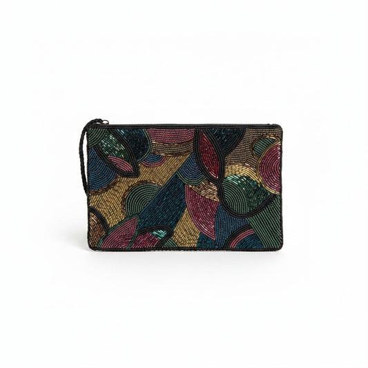 Lynn's Closet Boutique vintage Carla Marchi beaded clutch bag with a colorful abstract pattern in gold, burgundy, blue, and green.