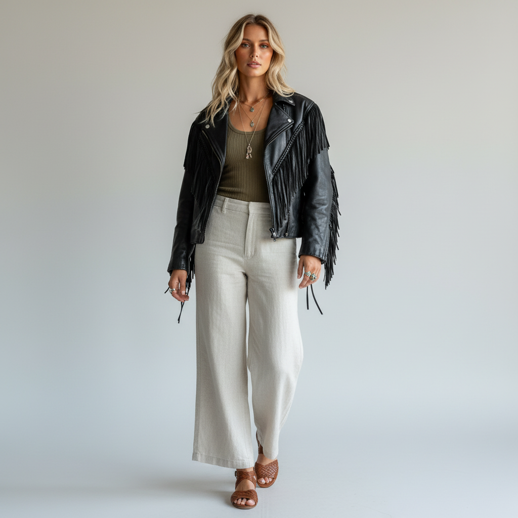 Model wearing a Lynn's Closet Boutique vintage black leather jacket with fringe, olive top, and beige wide-leg pants.