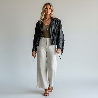 Model wearing a Lynn's Closet Boutique vintage black leather jacket with fringe, olive top, and beige wide-leg pants.