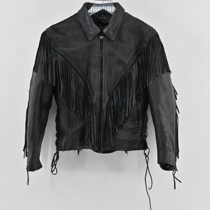 Lynn's Closet Boutique vintage Unik black leather jacket with western fringe detailing and adjustable side lacing