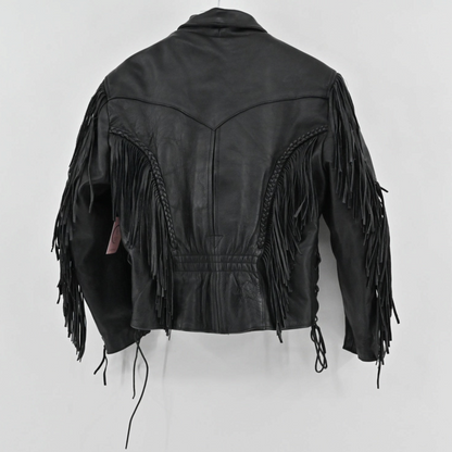 Back view of a vintage Unik black leather jacket with fringe and braided detailing from Lynn's Closet Boutique