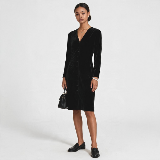 Model wearing a vintage 80s Guy Laroche black velvet button-front dress from Lynn's Closet Boutique