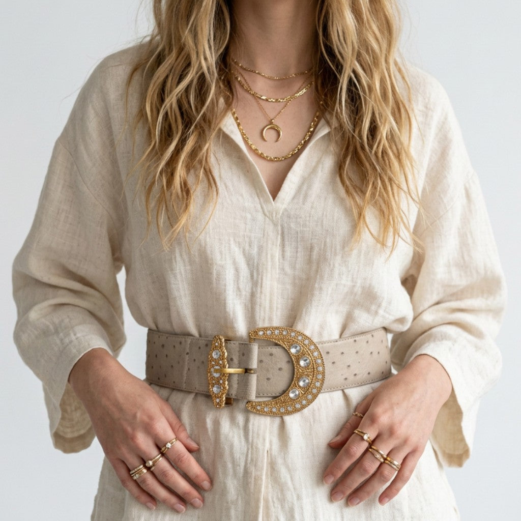 Lynn's Closet Boutique vintage ostrich leather belt in beige with a large rhinestone-embellished crescent buckle.