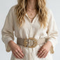 Lynn's Closet Boutique vintage ostrich leather belt in beige with a large rhinestone-embellished crescent buckle.