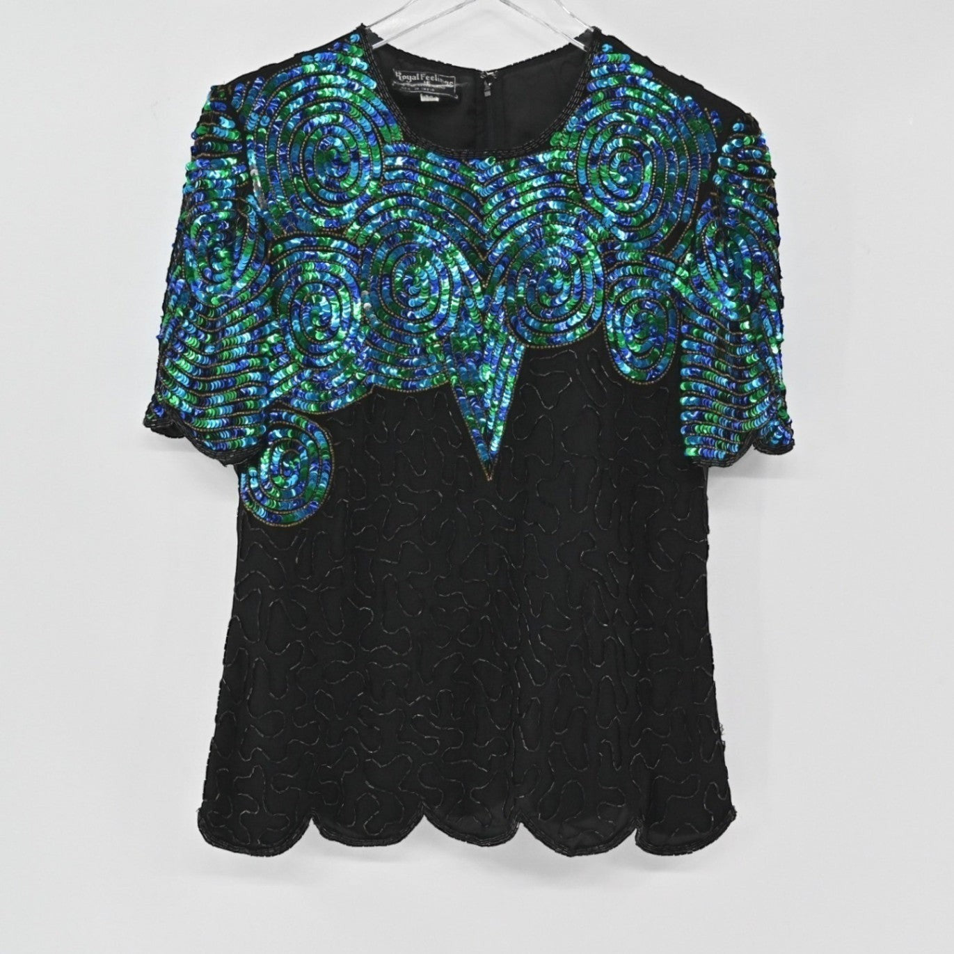 Lynn's Closet Boutique vintage 80s black silk top with iridescent blue and green sequin swirls and scalloped hem.