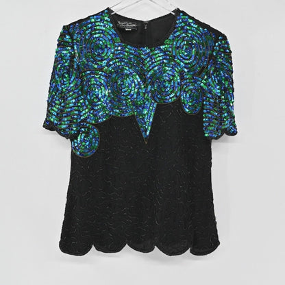 Lynn's Closet Boutique vintage 80s black silk top with iridescent blue and green sequin swirls and scalloped hem.