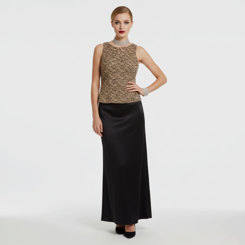 Model wearing a Lynn's Closet Boutique vintage CMV brown and tan sequin sleeveless top with a black maxi skirt.