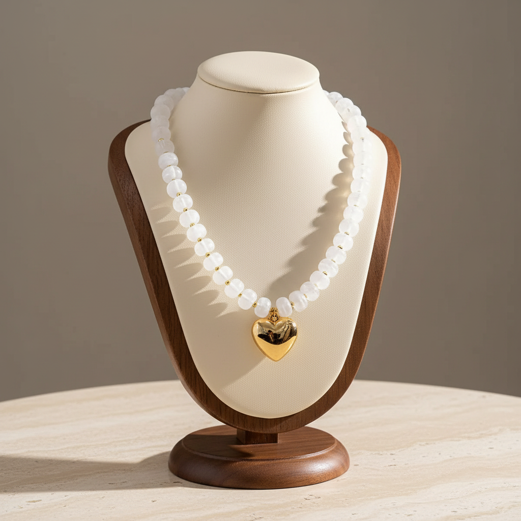 Lynn's Closet Boutique chunky white acrylic bead necklace with a polished gold-tone heart pendant on a display bust.