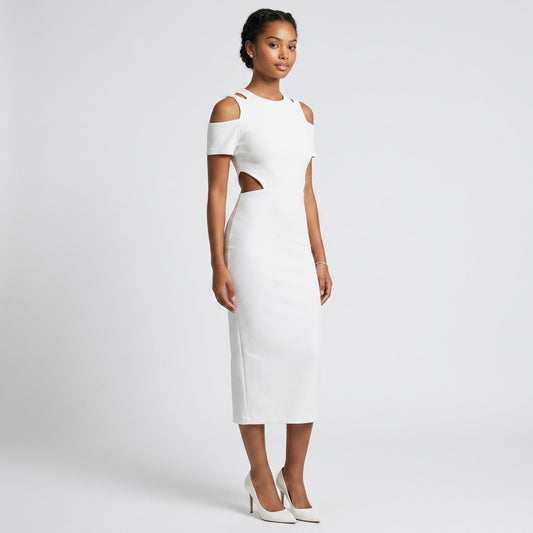 Model wearing a Lynn's Closet Boutique French Connection white midi dress with cold-shoulder cutouts and waist detail.