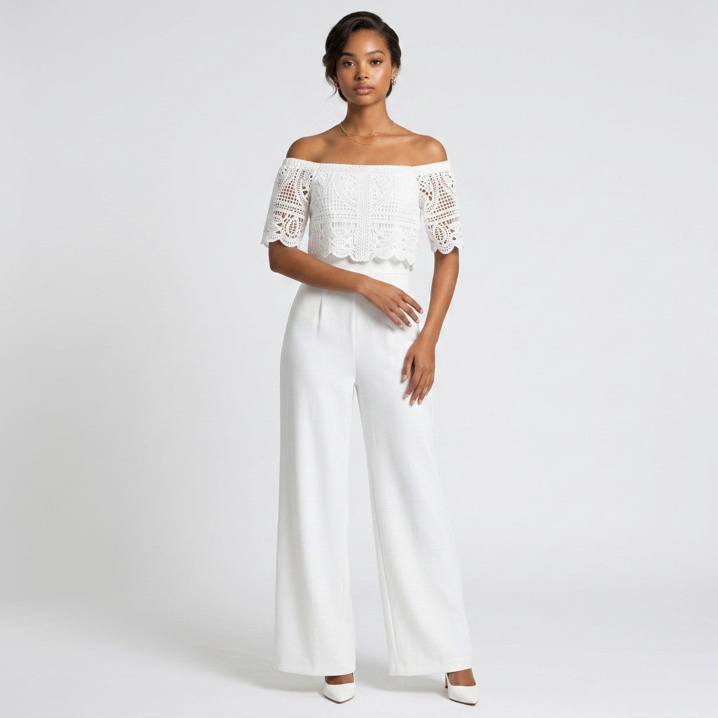 Lynn's Closet Boutique Antonio Melani white off-the-shoulder jumpsuit with lace overlay and wide-leg trousers