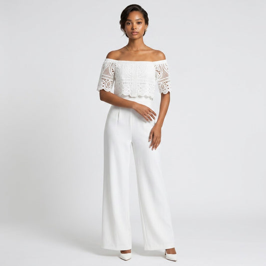 Lynn's Closet Boutique Antonio Melani white off-the-shoulder jumpsuit with lace overlay and wide-leg trousers