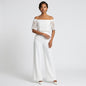 Lynn's Closet Boutique Antonio Melani white off-the-shoulder jumpsuit with lace overlay and wide-leg trousers