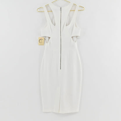 Lynn's Closet Boutique French Connection white midi dress with cold-shoulder cutouts and back zipper closure