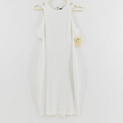 Lynn's Closet Boutique French Connection white midi dress with cold-shoulder cutouts and side waist detailing.