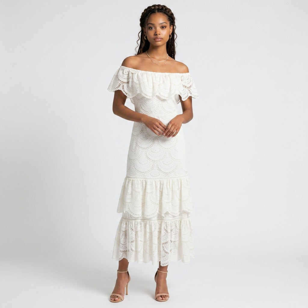 Lynn's Closet Boutique Gianni Bini white off-the-shoulder midi dress with scalloped lace and tiered ruffle hem
