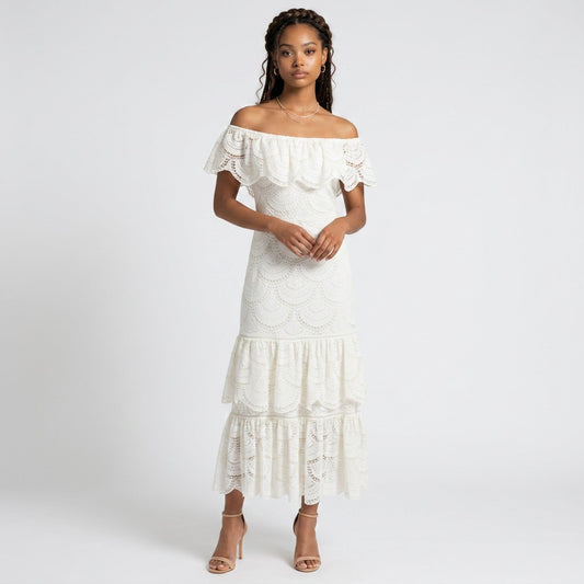 Lynn's Closet Boutique Gianni Bini white off-the-shoulder midi dress with scalloped lace and tiered ruffle hem