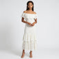 Lynn's Closet Boutique Gianni Bini white off-the-shoulder midi dress with scalloped lace and tiered ruffle hem