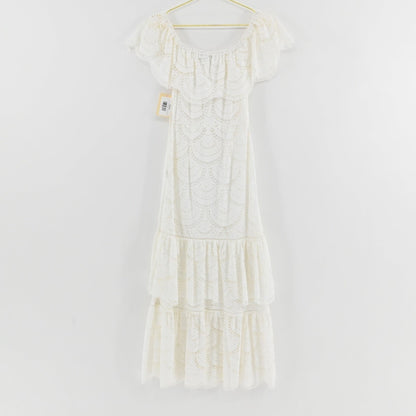 Lynn's Closet Boutique Gianni Bini white midi dress with off-the-shoulder ruffled neckline and tiered scalloped lace