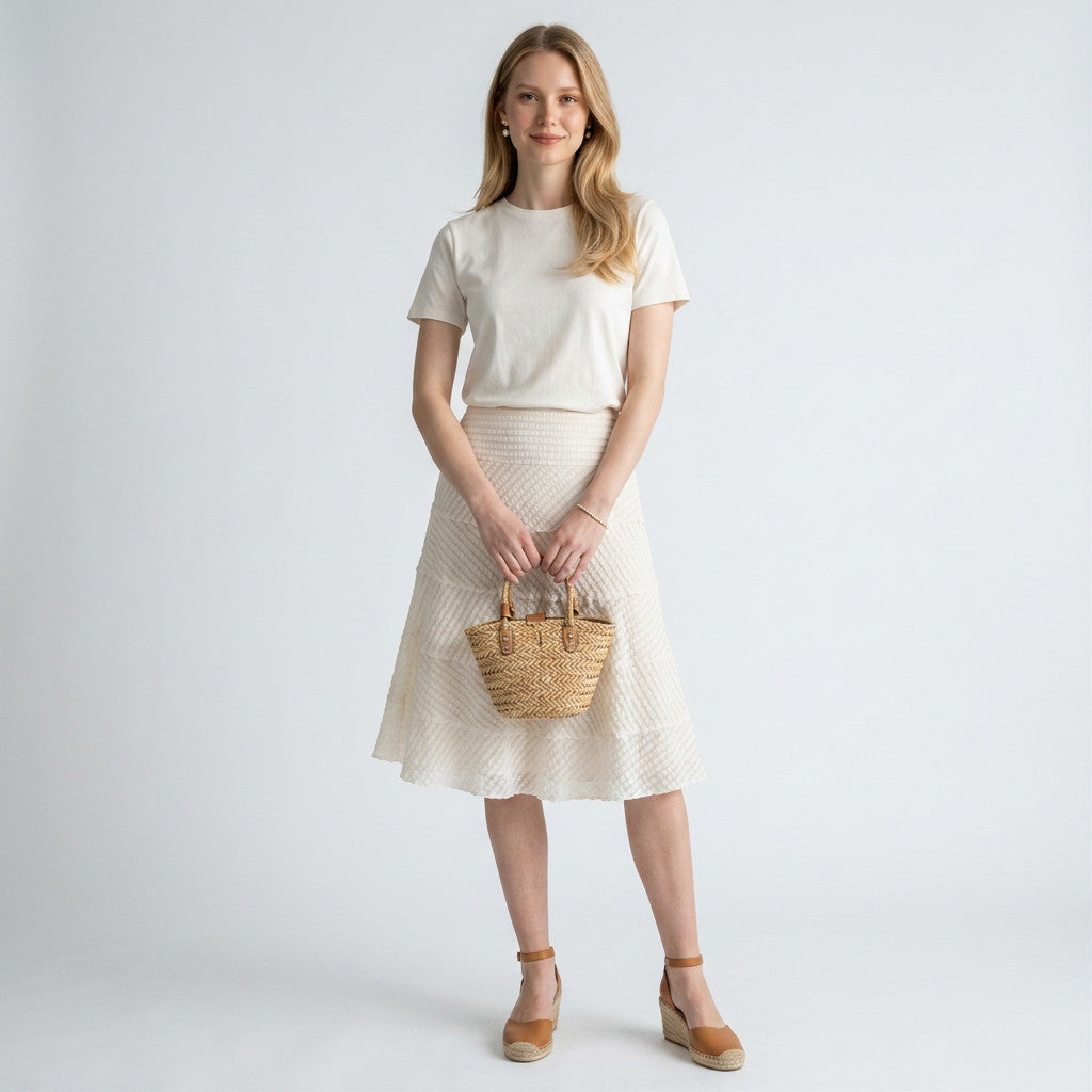 Model wearing a white Leggiadro silk skirt with textured detailing, paired with a cream t-shirt and straw handbag.