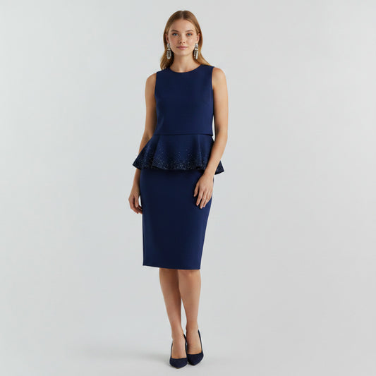 Lynn's Closet Boutique Armani Collezioni navy blue sleeveless dress with peplum detail and glitter trim, size 8.