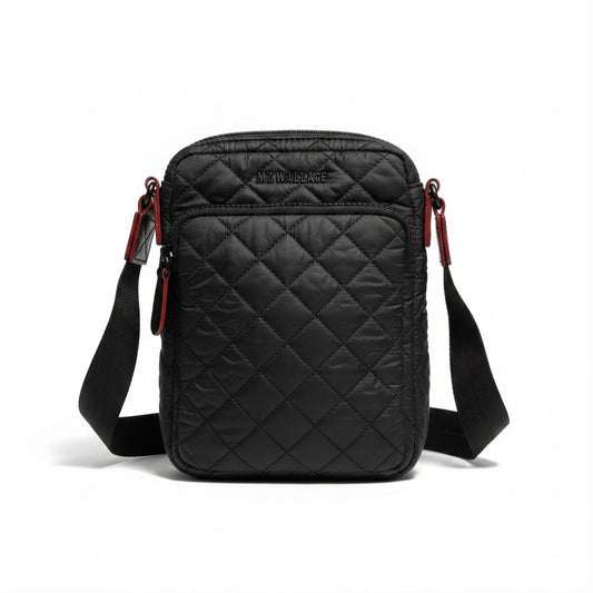 Lynn's Closet Boutique WZ Wallace black quilted nylon crossbody bag with red accents and adjustable strap.